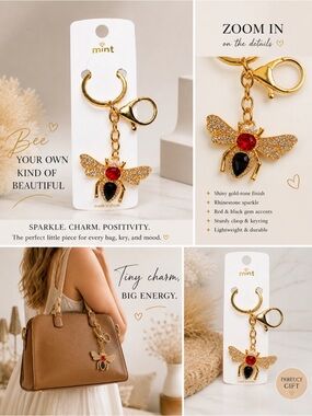 Gold Rhinestone Bee Keychain Charm Red Black Gem Bag Charm Purse Keychain